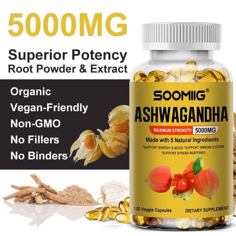 Ashwagandha Bio – Complément Soulagement du Stress & Soutien Immunitaire, Favorise des Niveaux d'Énergie Équilibrés, Capsules Végétaliennes SANS OGM