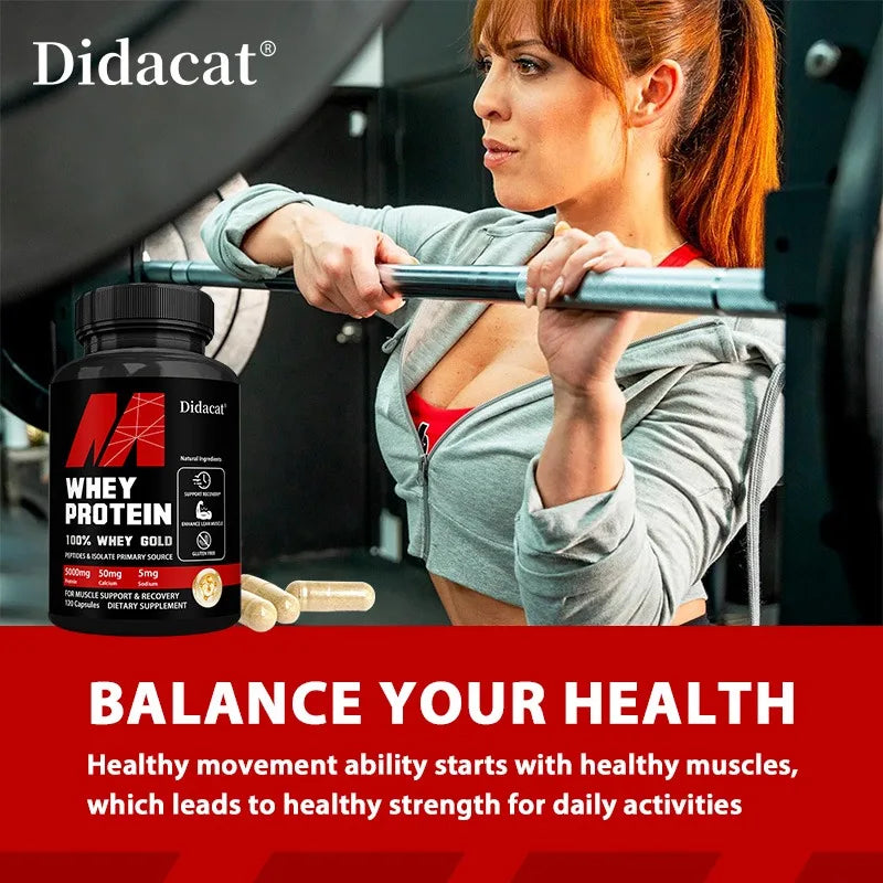 High potency whey protein capsules rich in calcium and iron for muscle repair.