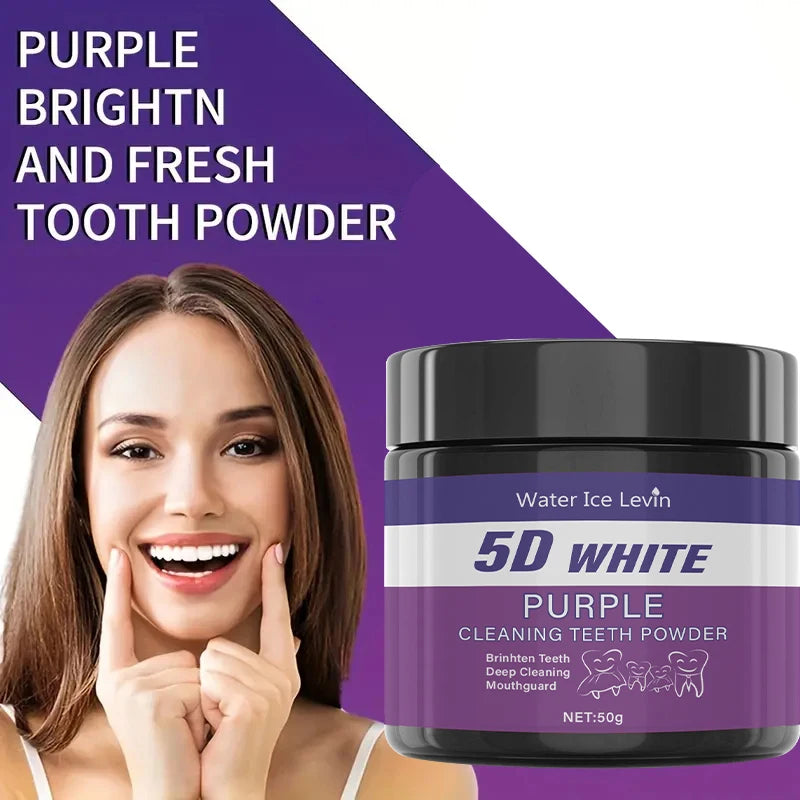 Purple teeth whitening powder jar next to a toothbrush to show the 50g product size.