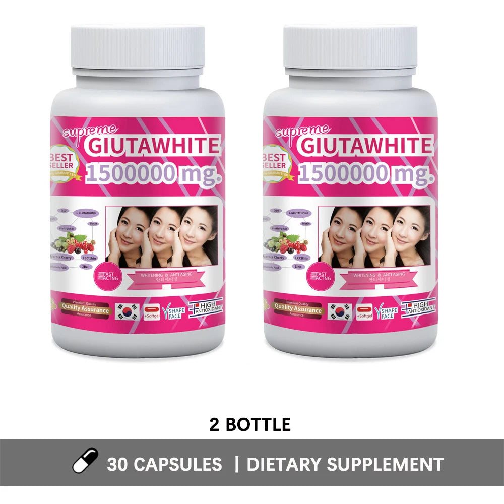 GLUTA WHITE 1500000MG Glutathion Complément Éclaircissant Anti-âge, Protection UV, Unification du Teint et des Cicatrices 30 Gélules Molles