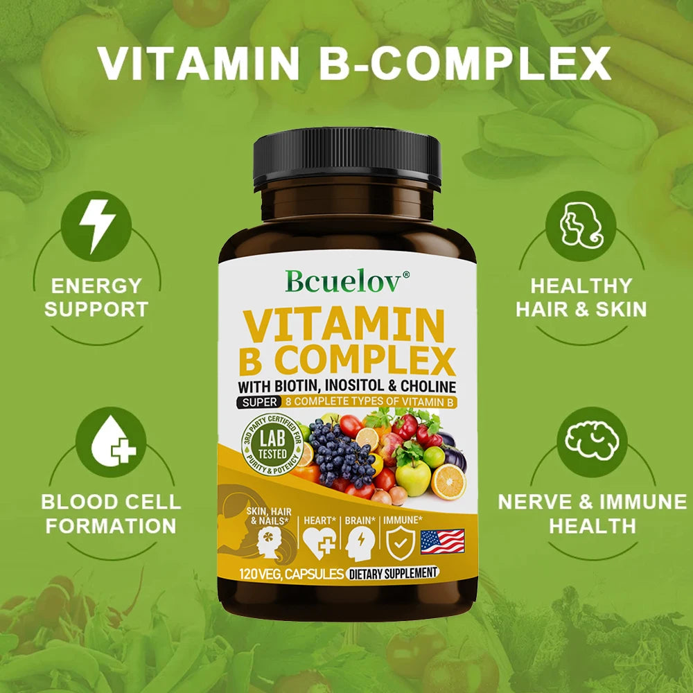Complexe de Vitamines B - B1 B2 B3 B5 B6 B7 B9 B12 Biotine Choline Niacine - Cerveau, Peau, Cheveux, Système Nerveux, Immunité, Métabolisme
