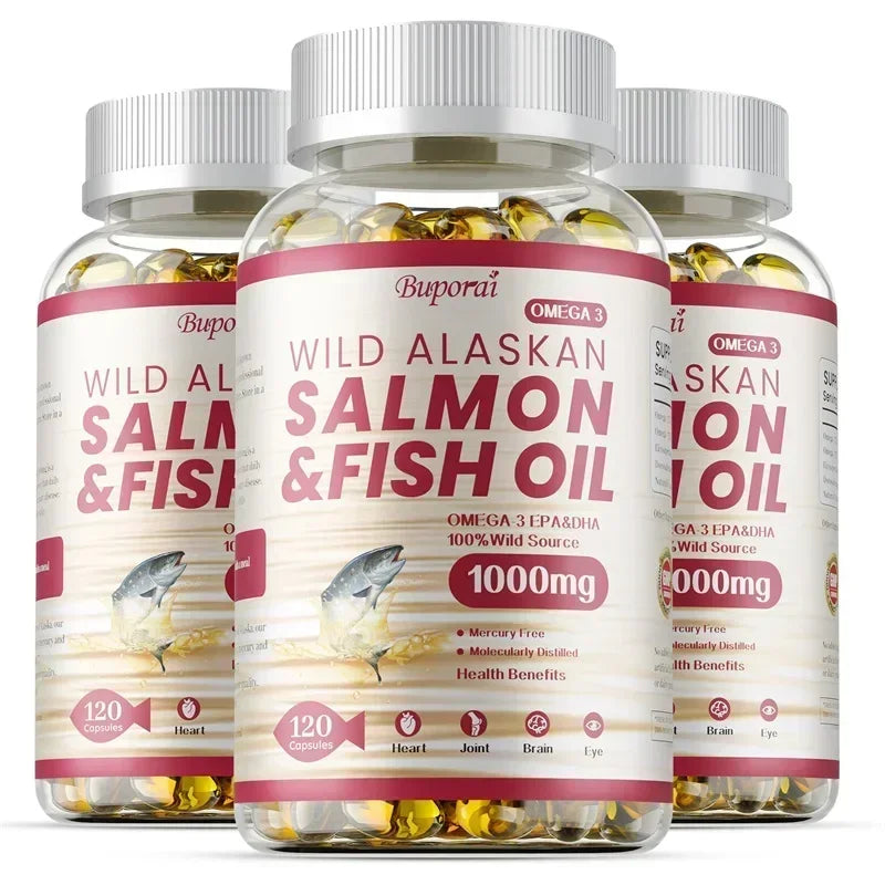 Wild alaskan salmon fish oil capsules showing 1000mg cold-pressed salmon oil.
