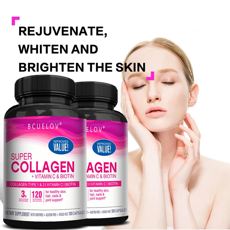Biotin collagen vitamin c capsules as a natural protein supplement to maintain an active lifestyle.