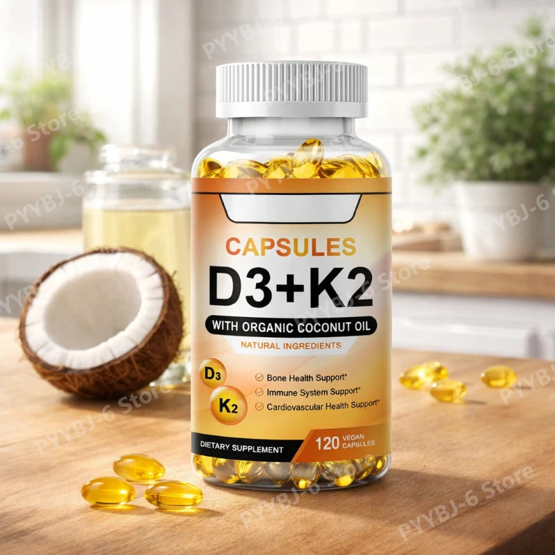 Vitamin D3 K2 with coconut oil capsules for natural health benefits in daily life.