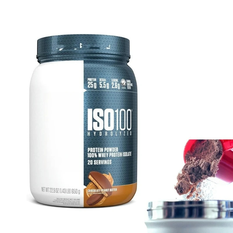 Gluten free whey isolate powder cookies and cream flavor in 650g packaging.