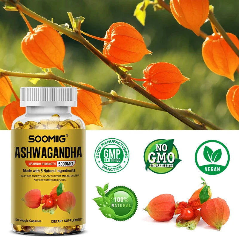 Ashwagandha Bio – Complément Soulagement du Stress & Soutien Immunitaire, Favorise des Niveaux d'Énergie Équilibrés, Capsules Végétaliennes SANS OGM