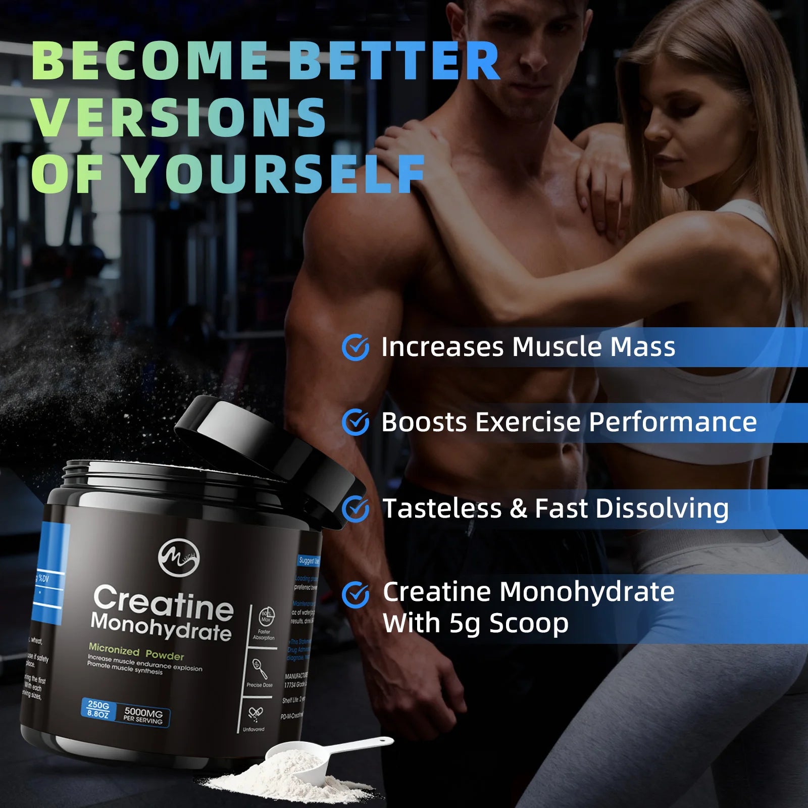 Minch Créatine Monohydrate Compléments pour Adultes pour le Développement Musculaire Améliore les Performances Sportives Sans Goût et à Dissolution Rapide