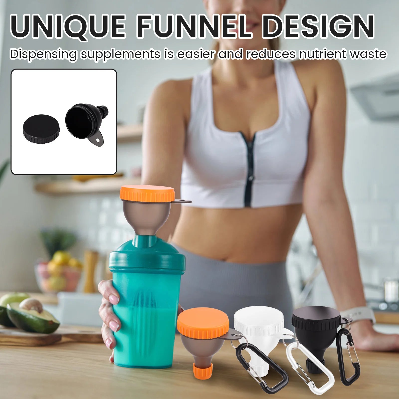Lot de 9 entonnoirs à poudre protéinée 50 ml, mini bouteille de poudre protéinée portable avec mousqueton et bouchon renforcé pour l'entraînement, le fitness et les voyages