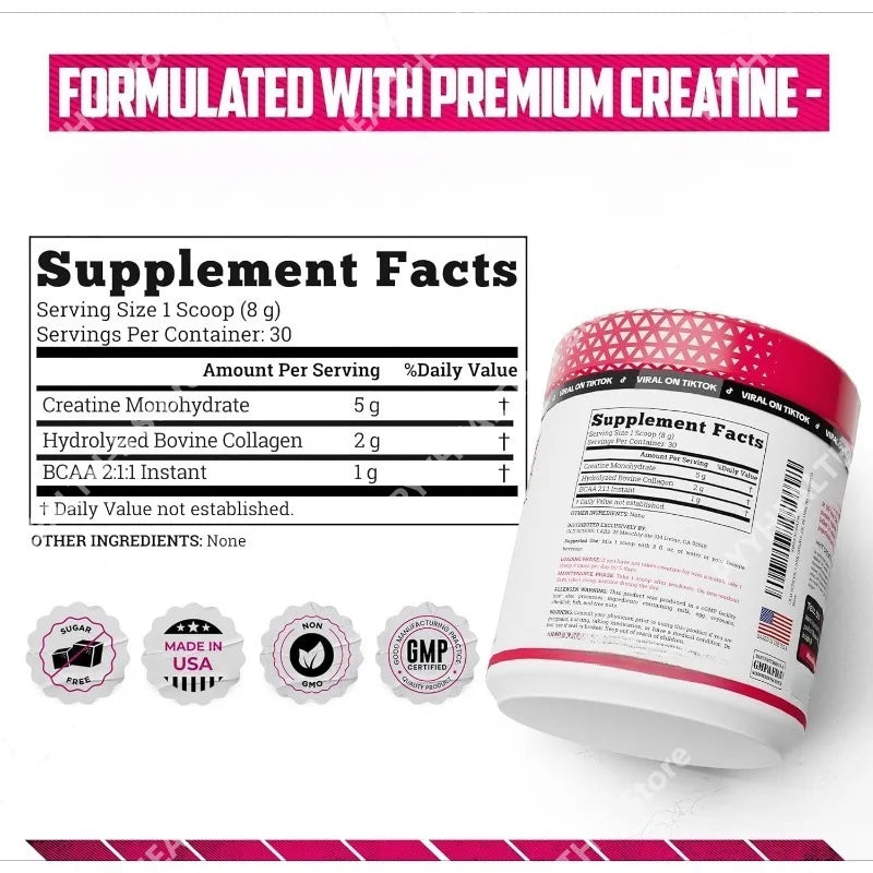 Créatine pour femmes - Supplément post-entraînement - 5000 mg de créatine, 2000 mg de collagène bovin hydrolysé pour la croissance musculaire maigre