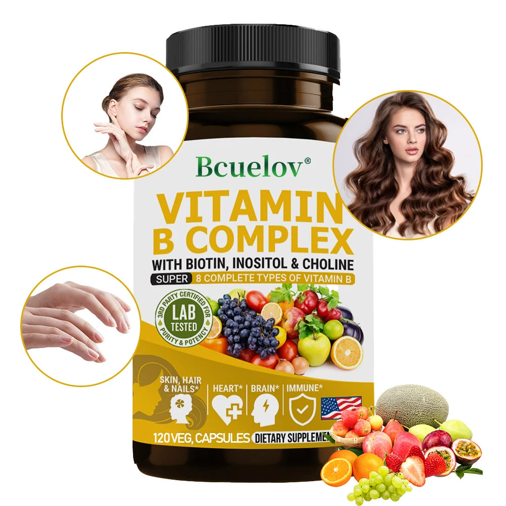 Complexe de Vitamines B - B1 B2 B3 B5 B6 B7 B9 B12 Biotine Choline Niacine - Cerveau, Peau, Cheveux, Système Nerveux, Immunité, Métabolisme