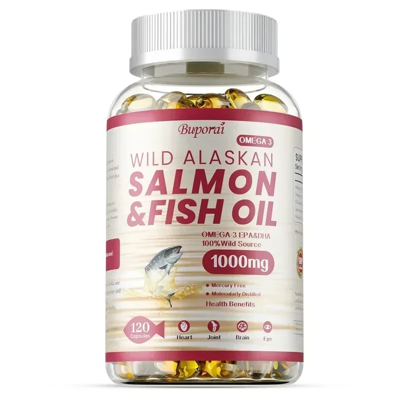 Wild alaskan salmon fish oil capsules showing 1000mg cold-pressed salmon oil.