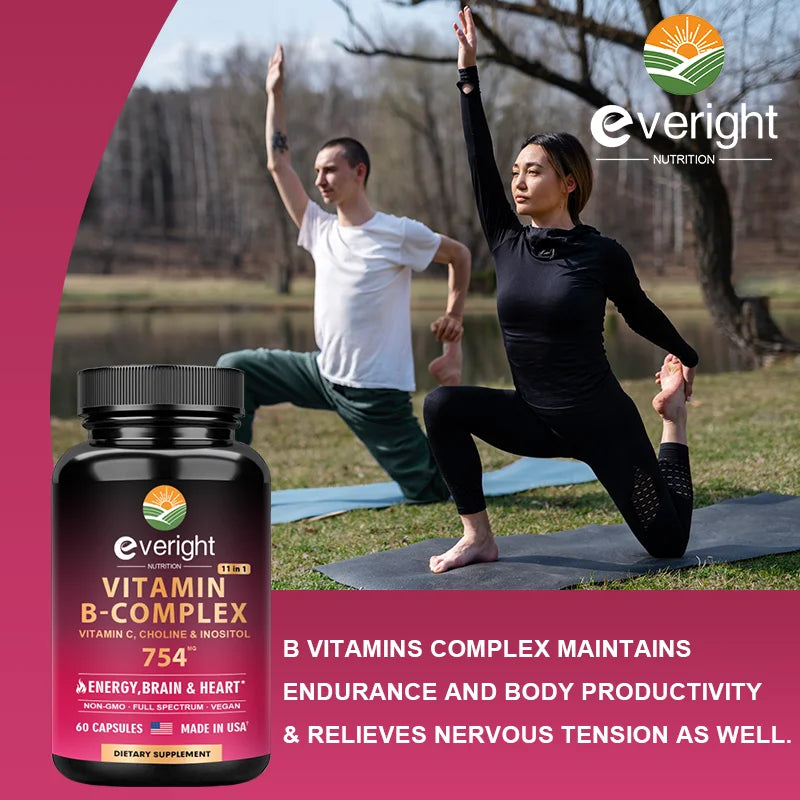 Complexe de vitamines B pour l'énergie et le soutien du cerveau et du cœur - avec B1, B2, B3, B5, B6, B7, B8, B9, B12 avec vitamine C, choline, inositol