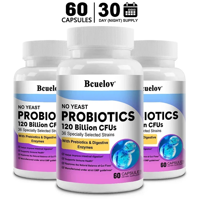 Probiotiques 120 Milliards UFC 36 Souches Contient des Prébiotiques et des Enzymes Digestives pour la Digestion et le Soutien Immunitaire Vegan, Sans OGM