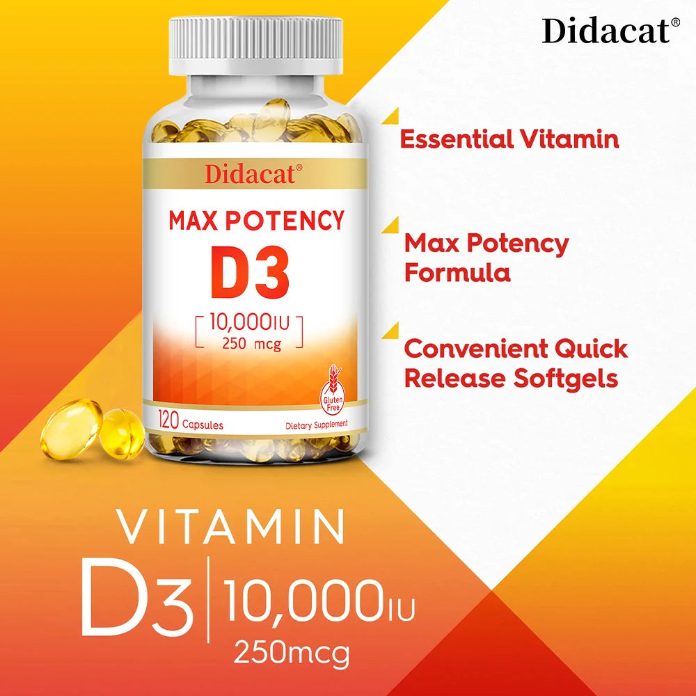 Vitamine D3 10 000 UI (250 µg), Soutient la santé immunitaire, l'absorption du calcium, la fonction musculaire et la solidité des os, Complément alimentaire