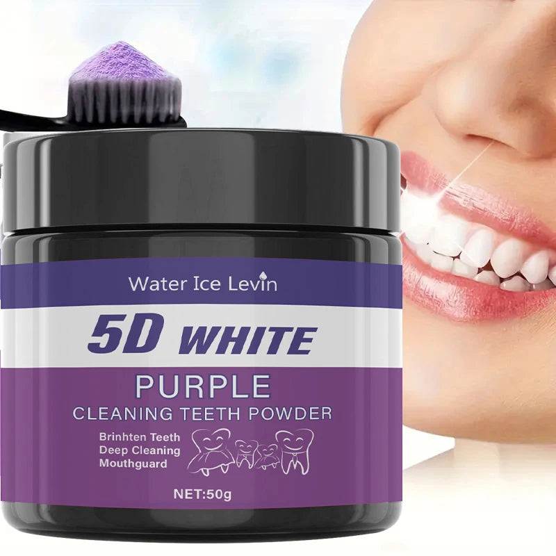 Purple Teeth Whitening Powder by Water Ice Levin in 50g jar for brightening smiles and deep cleaning teeth.