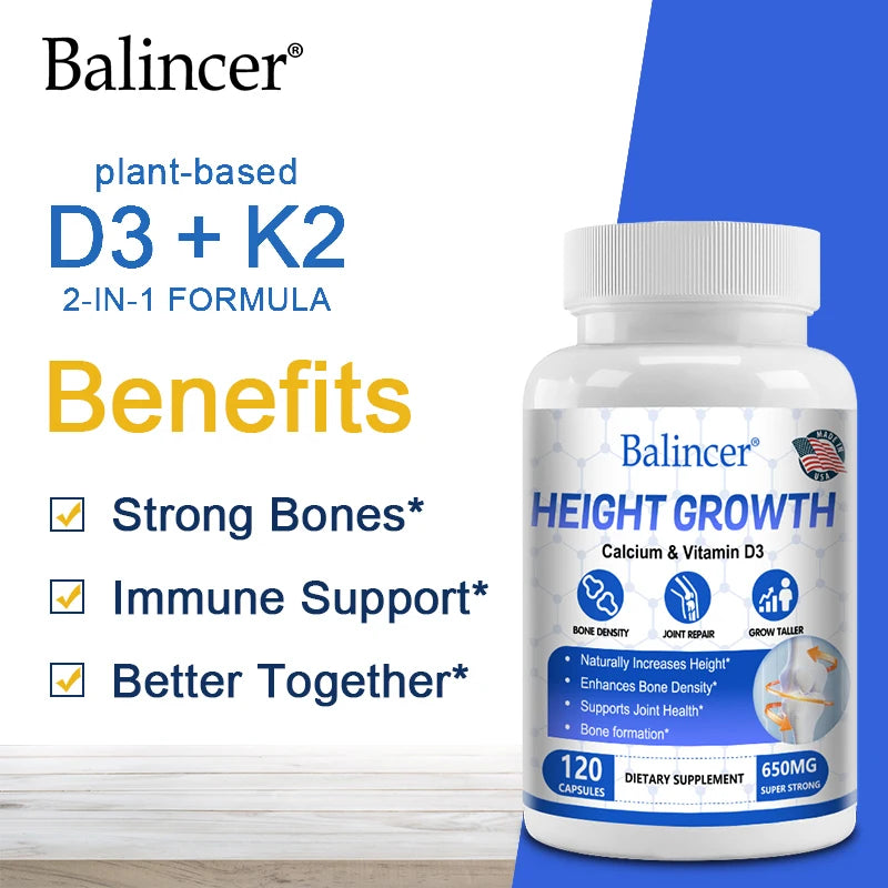 Natural height growth capsules 120ct bottle for peak height and bone density.